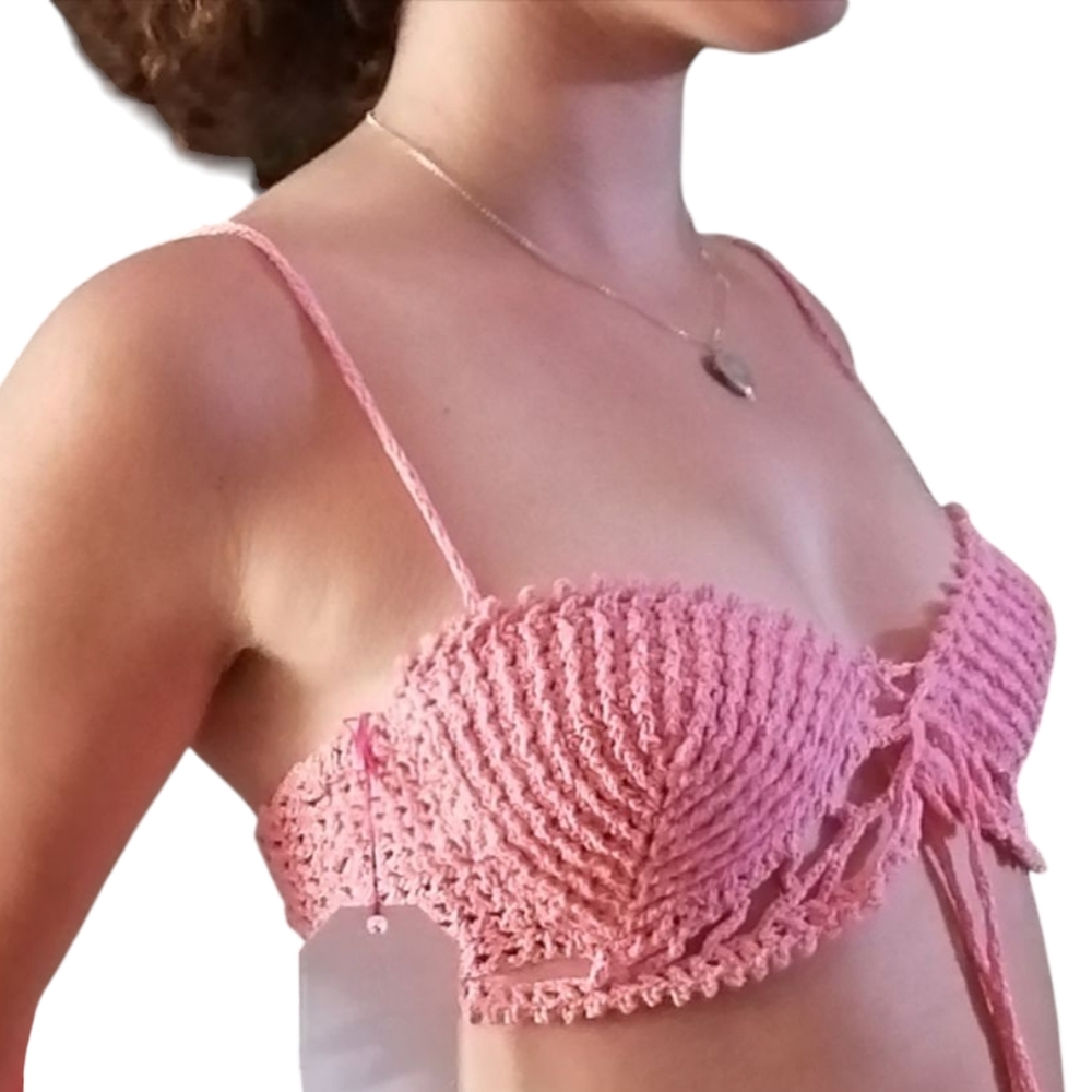 NWT Artisan Pink Hand Crochet Cotton Bralette S / M Mermaid  Cropped Top Anthro